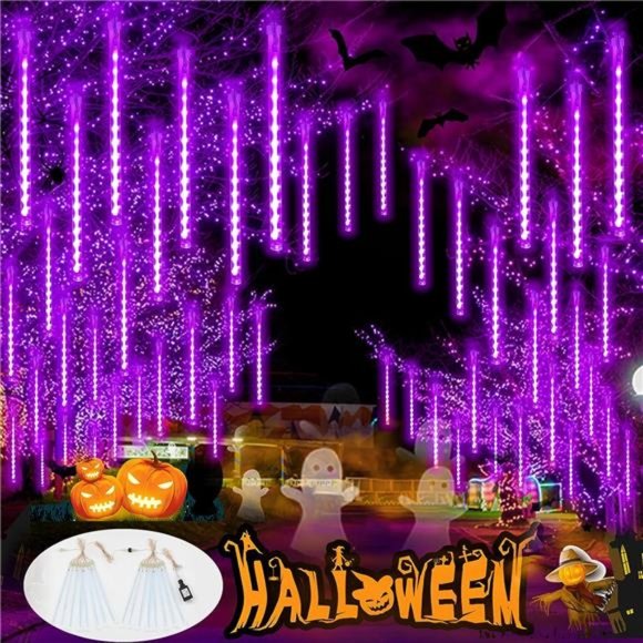 Purple 2-Pack Meteor Shower Halloween Lights 16 Tubes 384 LEDs Plug in Lights